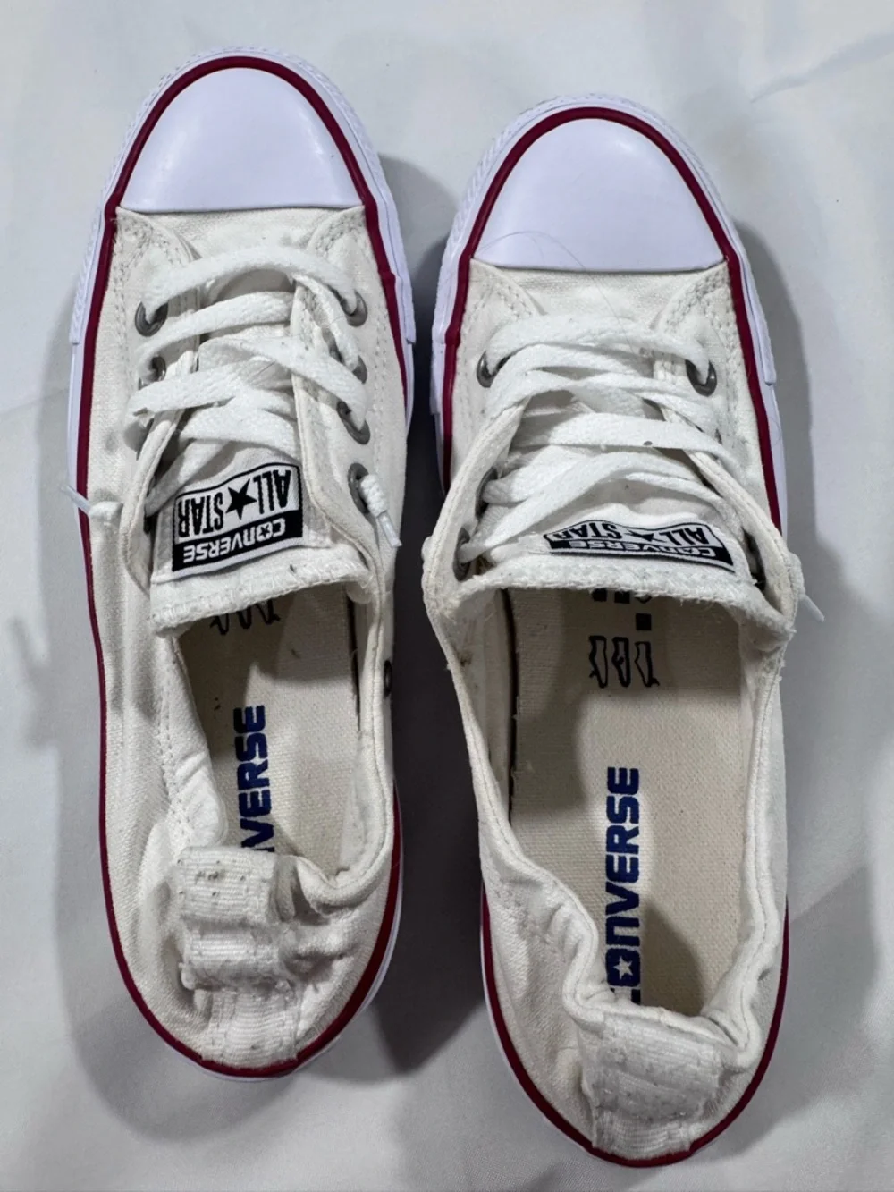 Converse White Low Top Sneakers with Burgundy Heel Stripe - Picture 2 of 8
